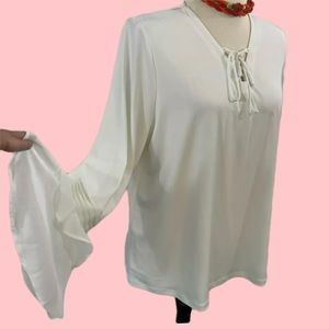 Susan Graver Liquid Knit Tunic Top Beige Bell Sleeves XL Soft Popover 16/18